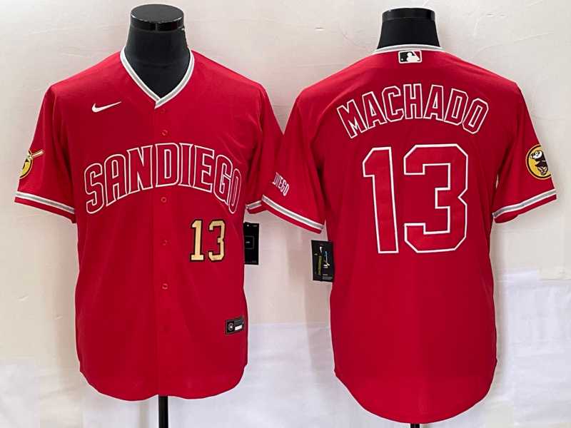 Mens San Diego Padres #13 Manny Machado Number Red NEW 2023 Cool Base Stitched Jersey->san diego padres->MLB Jersey